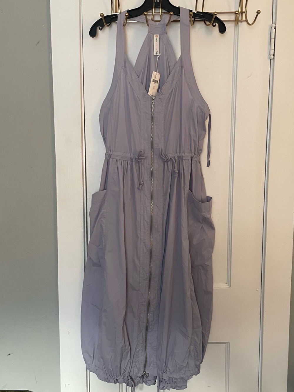 Light Lavender Midi Dress with Front Zip and Drawstring Waist NWT